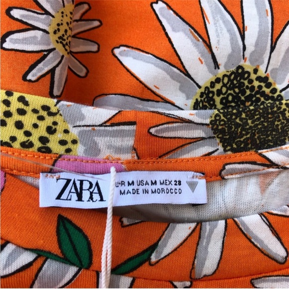 ZARA Mix Medía Cotton Orange Floral Print Short Sleeve Pull On Mini Dress M - Picture 9 of 16